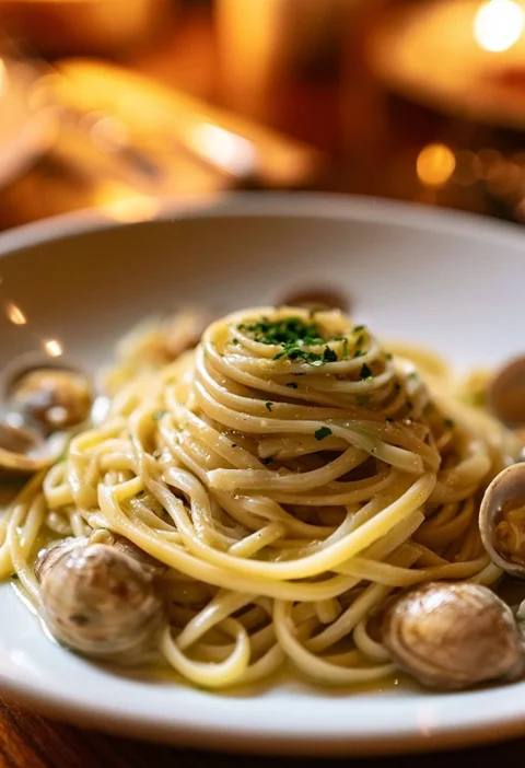 Pasta spaghetti alle vongole veraci con lime in un piatto elegante.