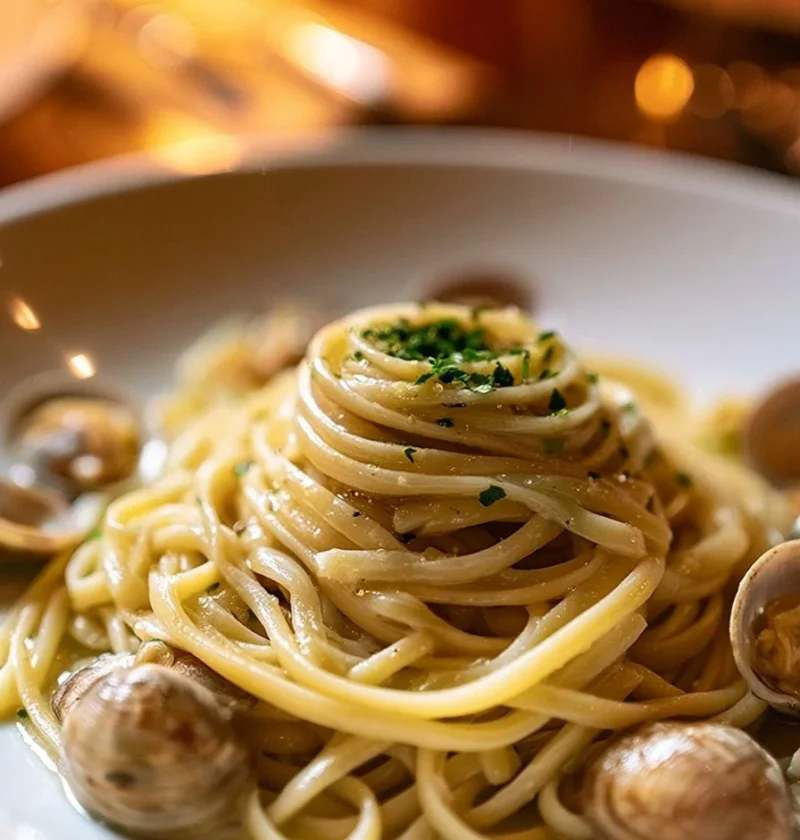 Pasta spaghetti alle vongole veraci con lime in un piatto elegante.