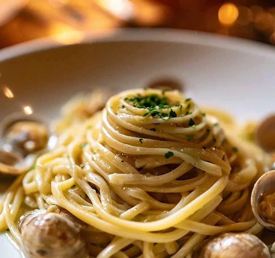Pasta spaghetti alle vongole veraci con lime in un piatto elegante.