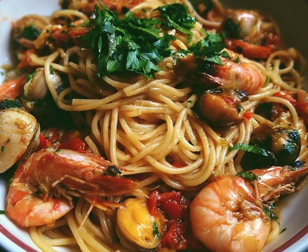 Piatto di spaghetti allo scoglio con frutti di mare freschi e aromi mediterranei