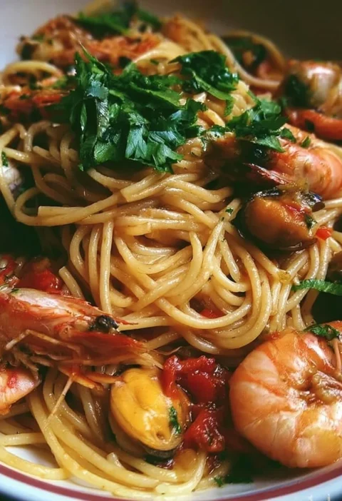 Piatto di spaghetti allo scoglio con frutti di mare freschi e aromi mediterranei