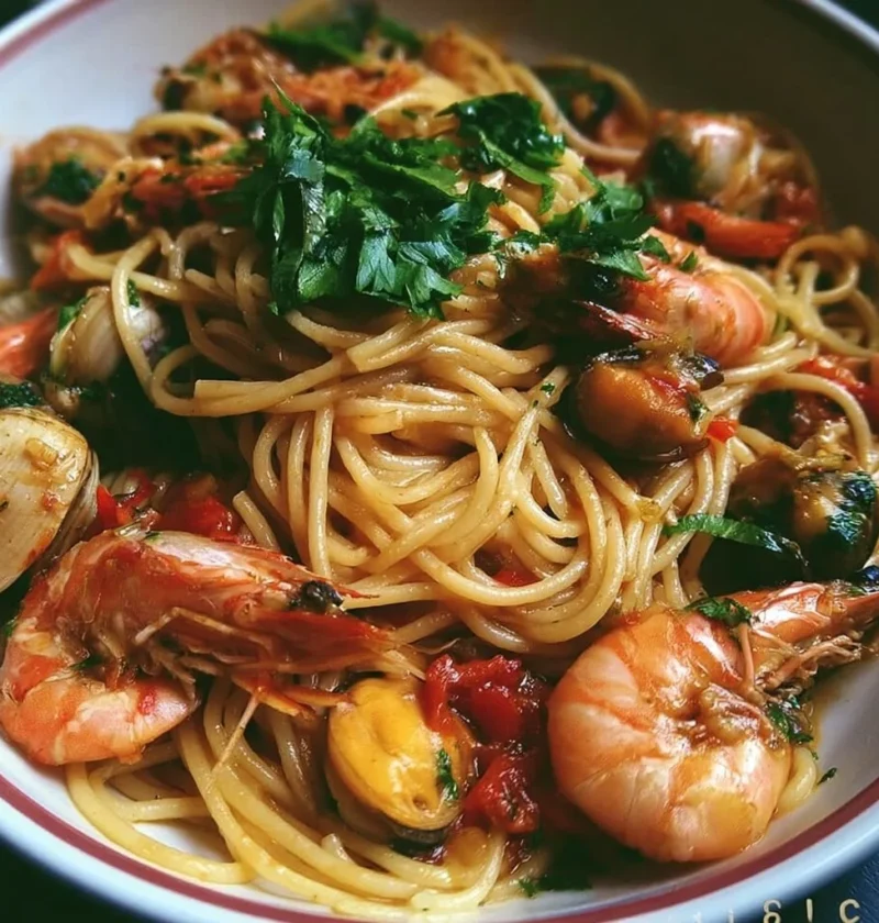 Piatto di spaghetti allo scoglio con frutti di mare freschi e aromi mediterranei