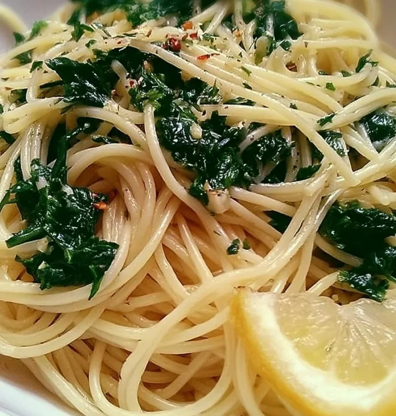 Piatto di spaghetti con aglio e spinaci freschi, un delizioso piatto italiano.