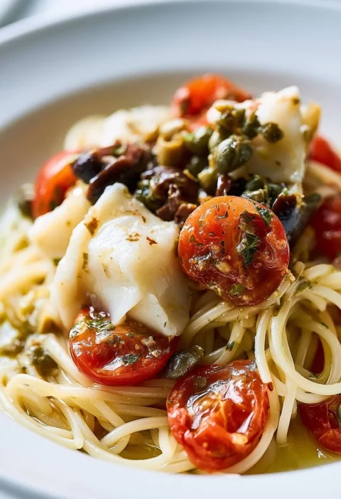 Piatto di spaghettini con baccalà, olive, capperi e pomodorini.
