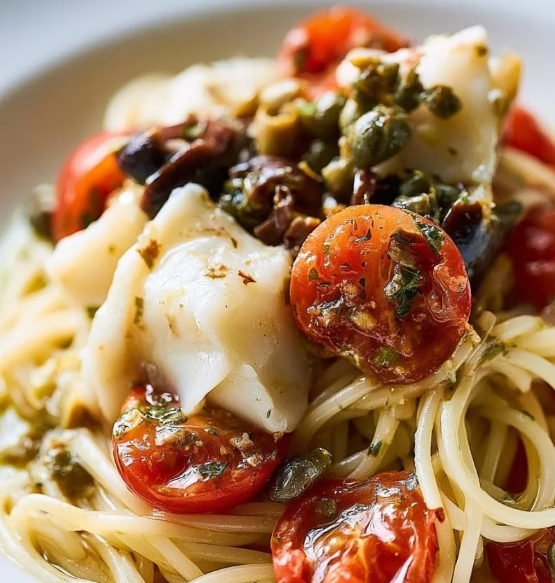 Piatto di spaghettini con baccalà, olive, capperi e pomodorini.