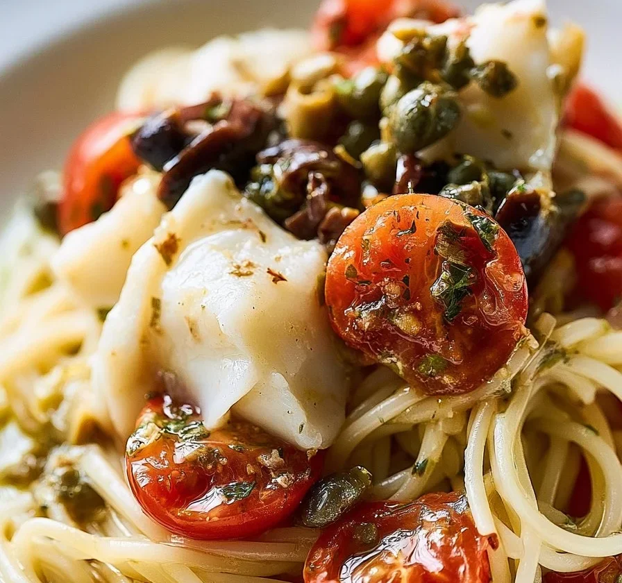 Piatto di spaghettini con baccalà, olive, capperi e pomodorini.