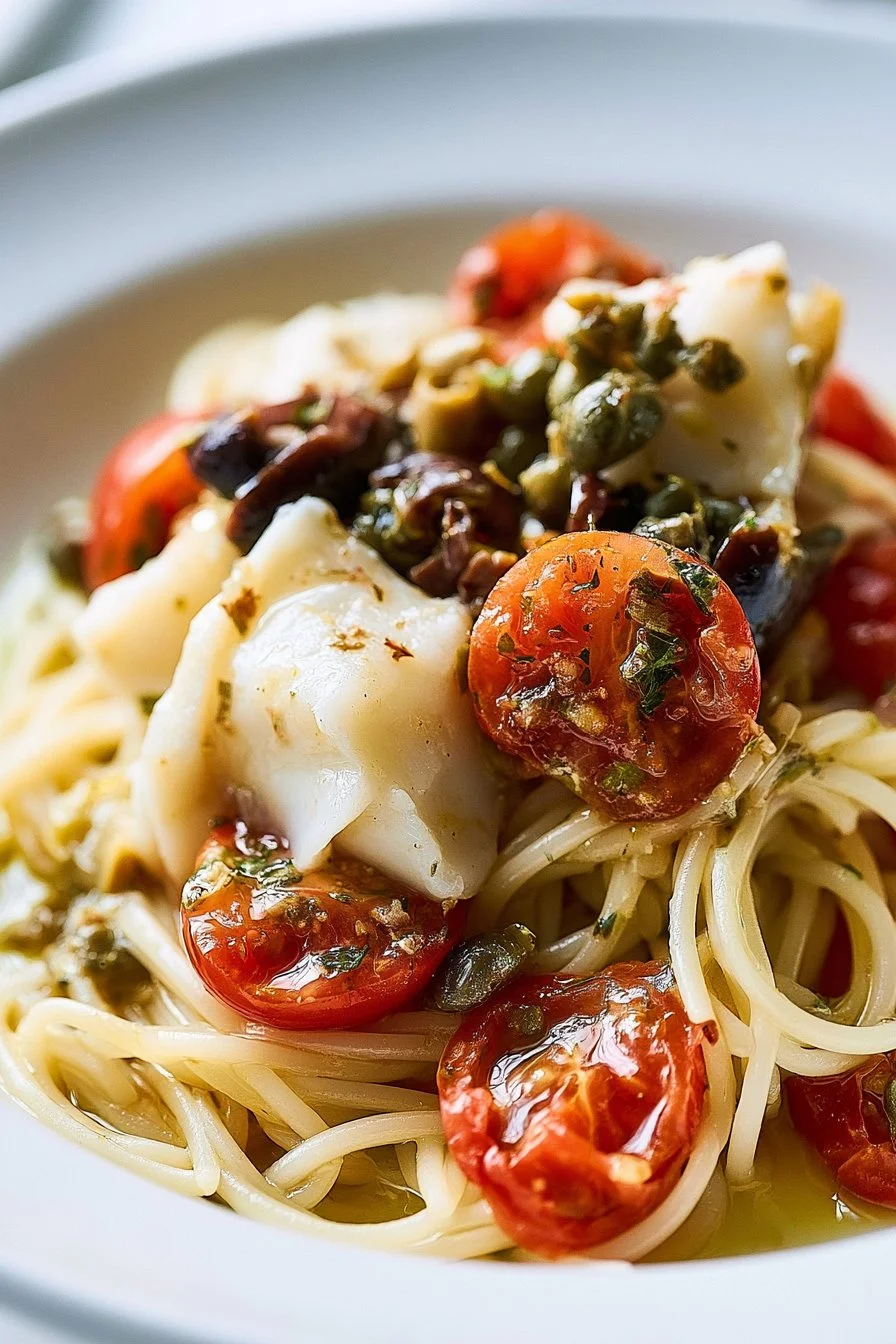 Spaghettini con Baccalà, Olive, Capperi, Pomodorini e Polvere di Capperi