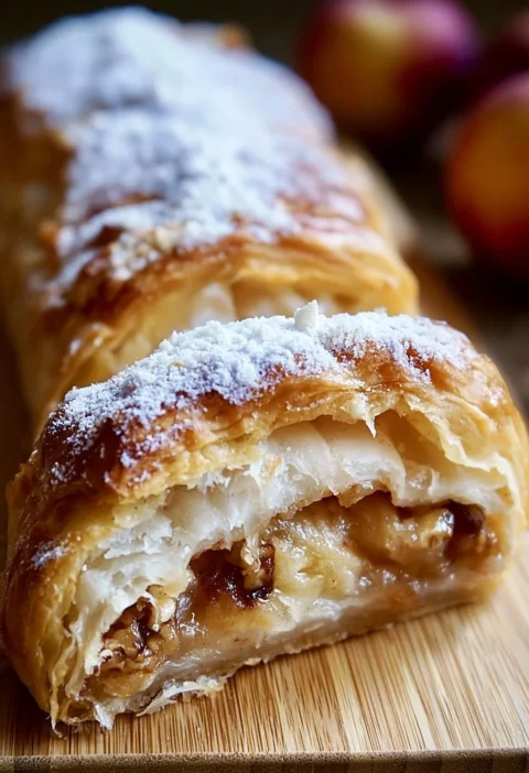 Delizioso strudel di mele appena sfornato con mele e cannella
