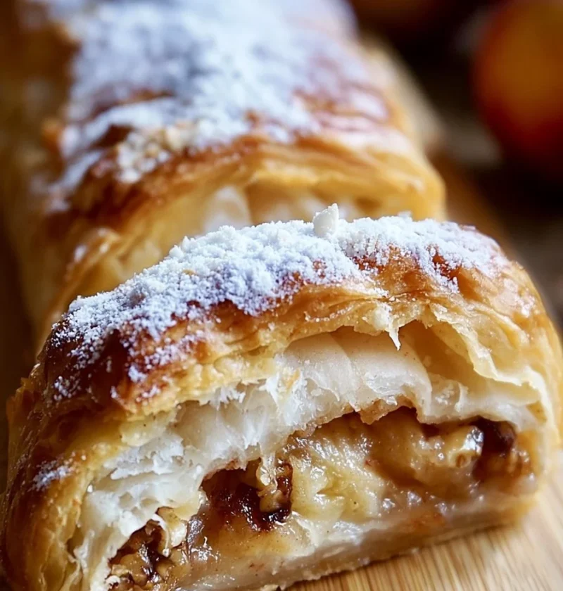 Delizioso strudel di mele appena sfornato con mele e cannella