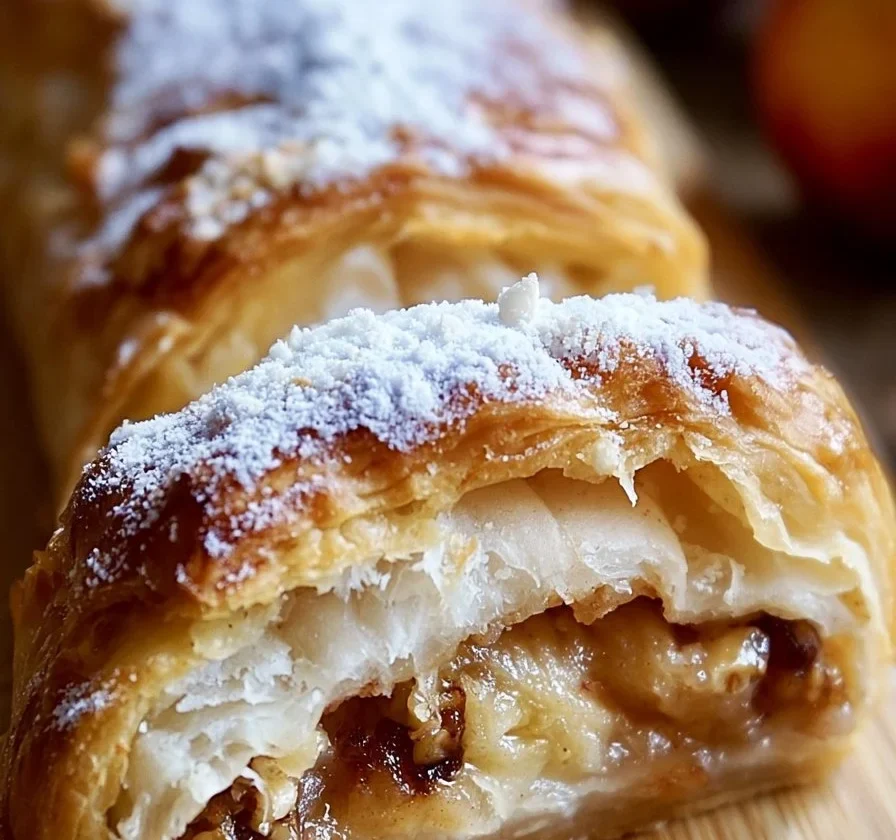 Delizioso strudel di mele appena sfornato con mele e cannella