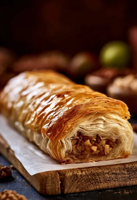 Strudel di Mele con Pasta Fillo servito su piatto bianco