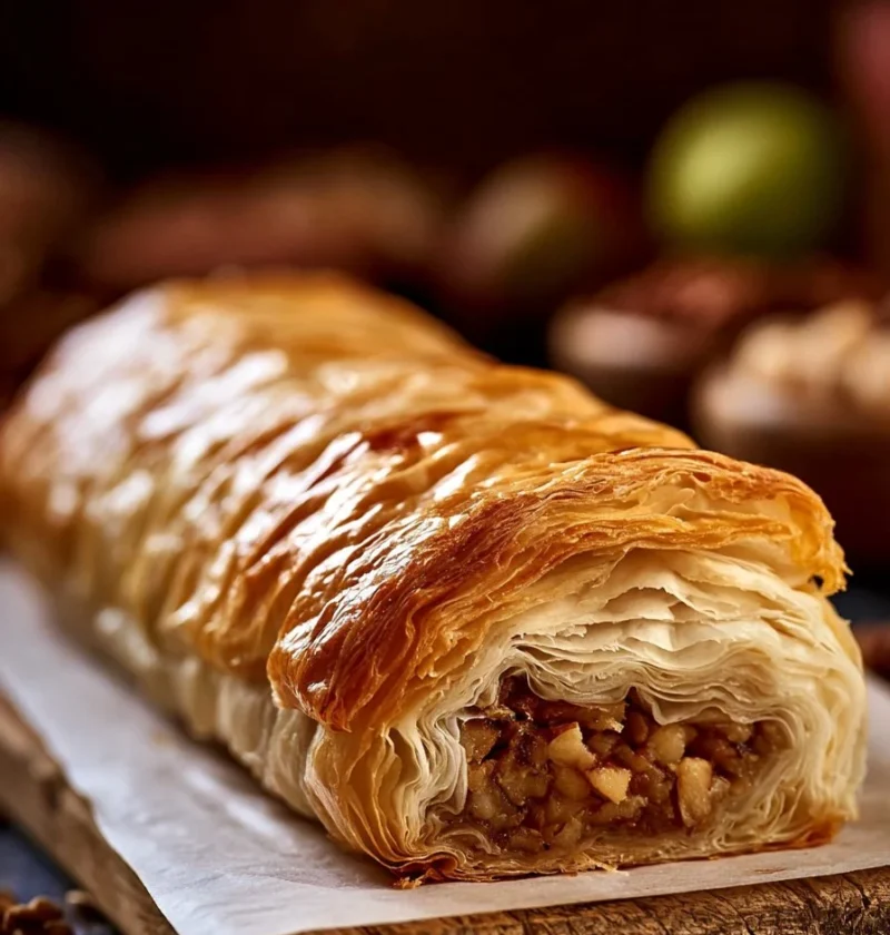 Strudel di Mele con Pasta Fillo servito su piatto bianco