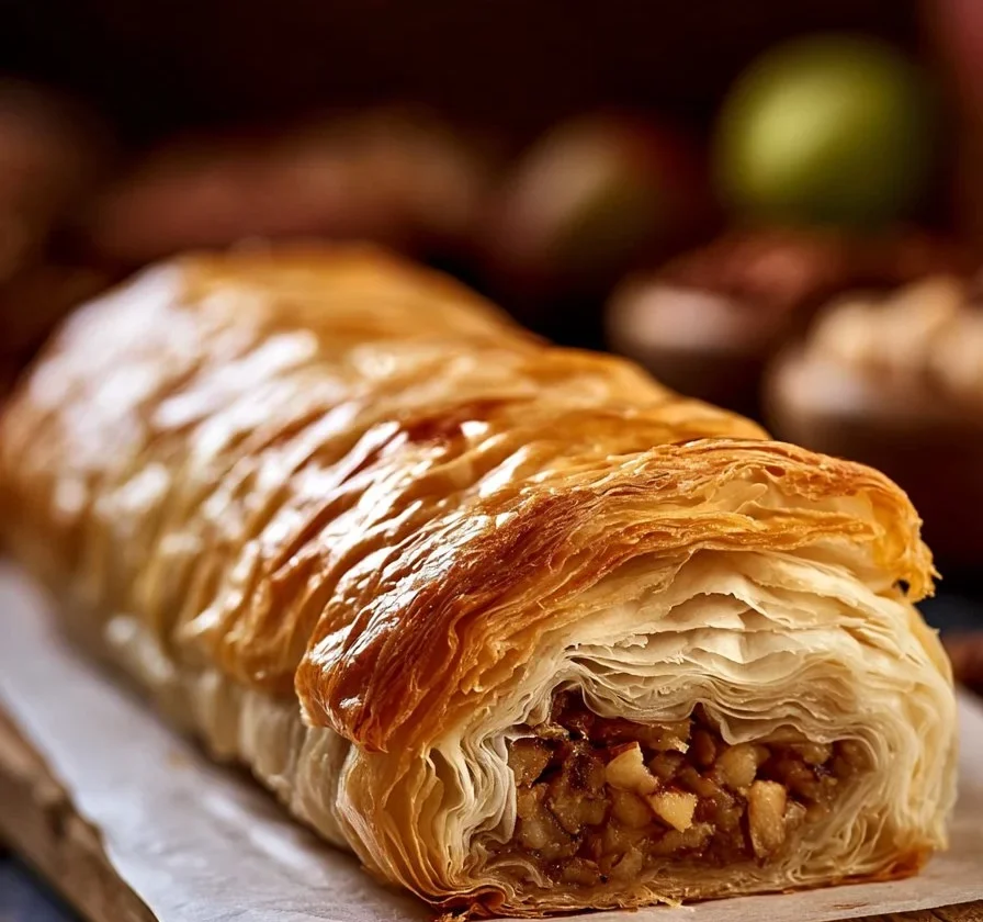 Strudel di Mele con Pasta Fillo servito su piatto bianco