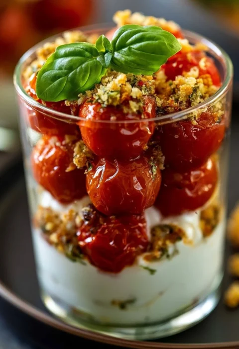 Tiramisu Salato Pomodori e Mozza, un piatto gourmet saporito e fresco.