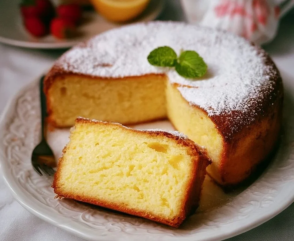 Fette di torta allo yogurt servite su un piatto bianco