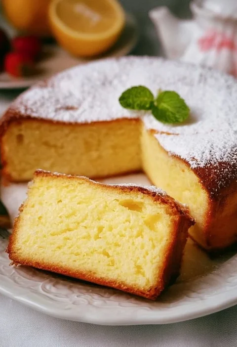 Fette di torta allo yogurt servite su un piatto bianco