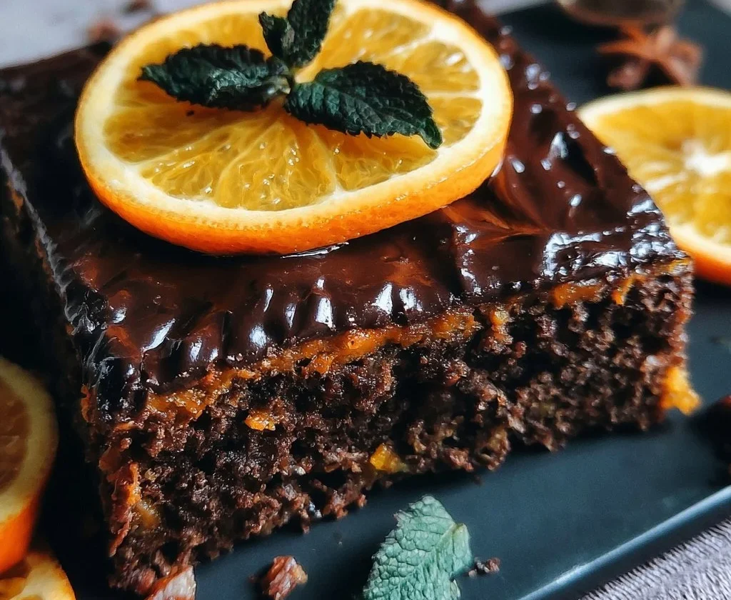 Torta Arancia e Cioccolato decorata con fette d'arancia e scaglie di cioccolato