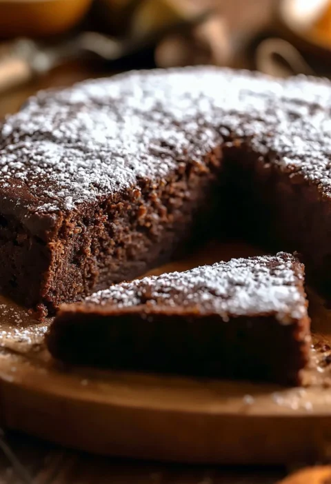 Fetta di torta di arance e cioccolato su piatto bianco