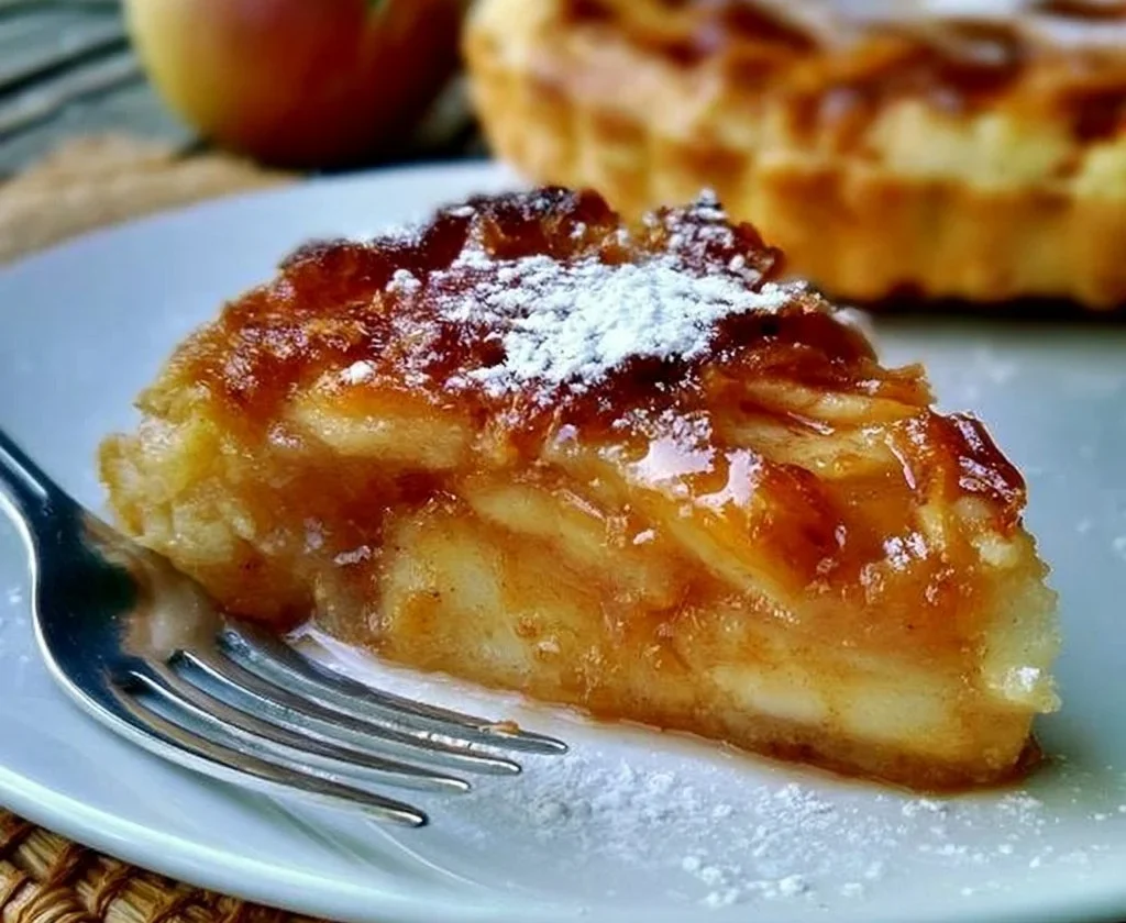 Fetta di Torta di Mele con mele fresche e una spolverata di zucchero a velo.