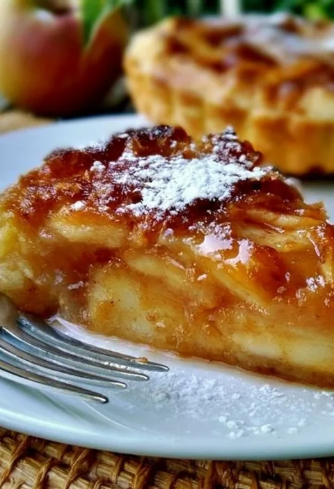 Fetta di Torta di Mele con mele fresche e una spolverata di zucchero a velo.