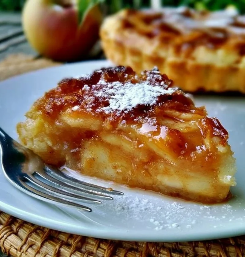 Fetta di Torta di Mele con mele fresche e una spolverata di zucchero a velo.