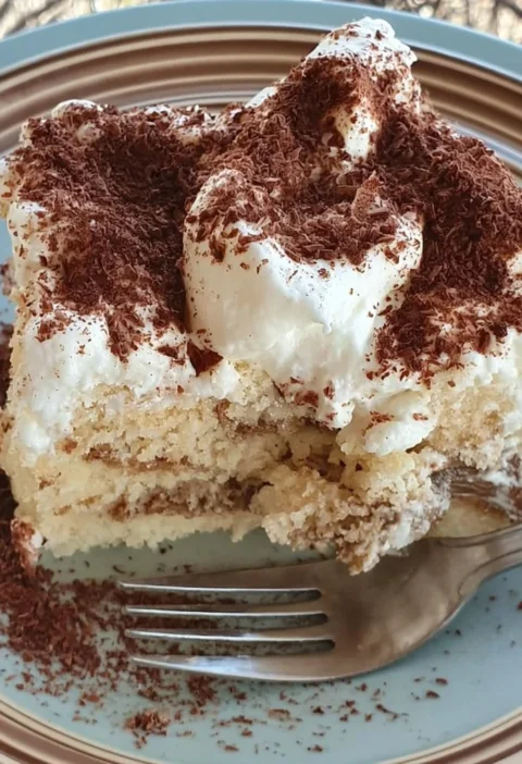Torta Poke Tiramisu decorata con cacao e caffè, un dolce italiano