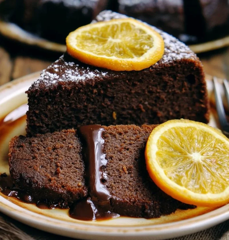 Torta Soffice Arancia e Cioccolato decorata con fette di arancia e cioccolato