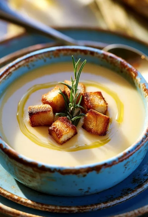Vellutata di cavolfiore con patate e porri servita in ciotola