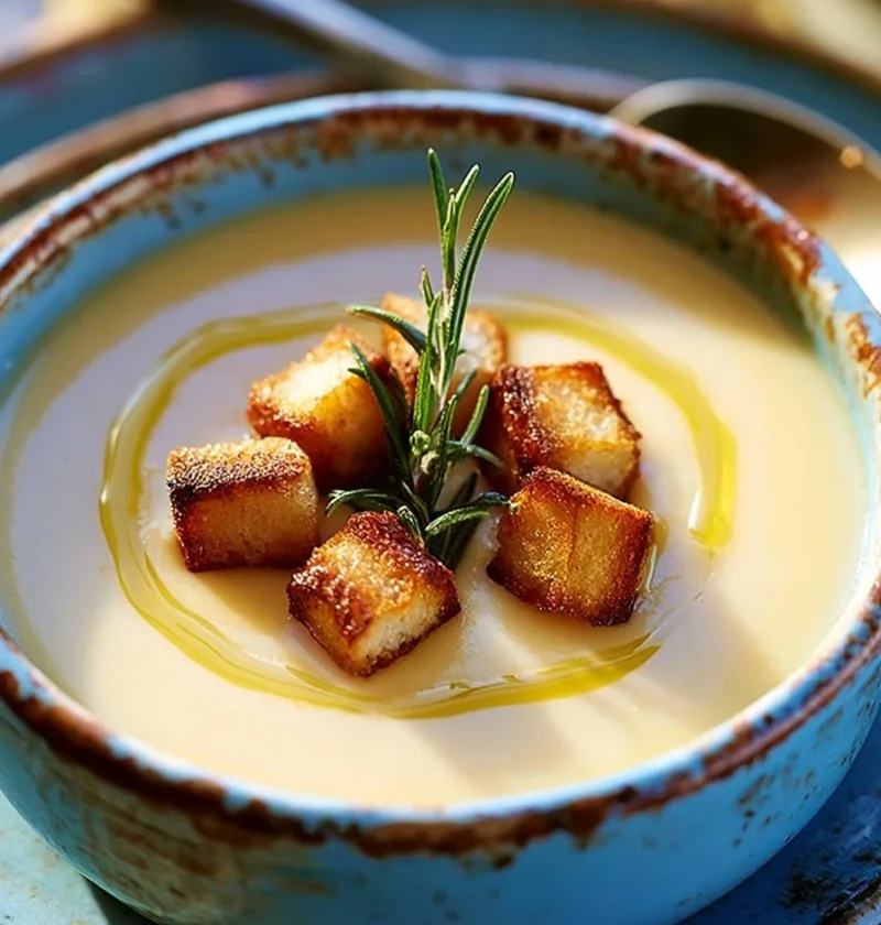 Vellutata di cavolfiore con patate e porri servita in ciotola