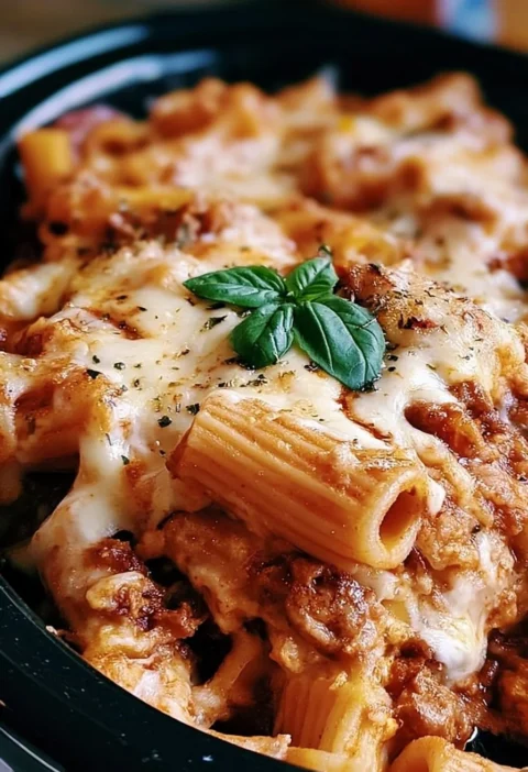 Ziti al forno cucinati nella Crockpot, un piatto delizioso e semplice.