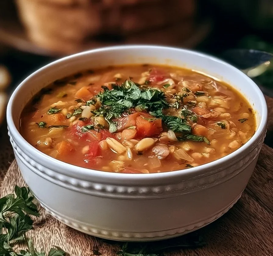 Zuppa di Lenticchie e Orzo fumante servita in una ciotola