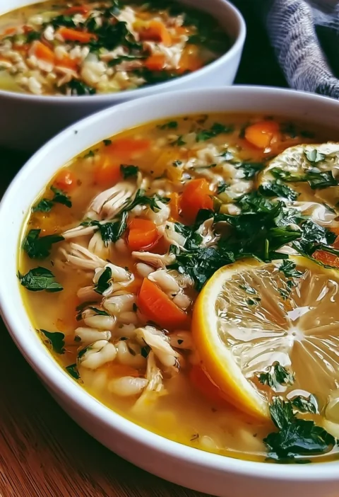 Zuppa di pollo al limone con orzo servita in una ciotola
