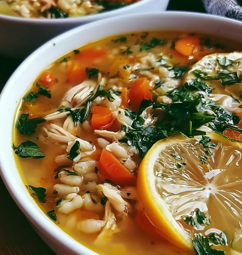 Zuppa di pollo al limone con orzo servita in una ciotola