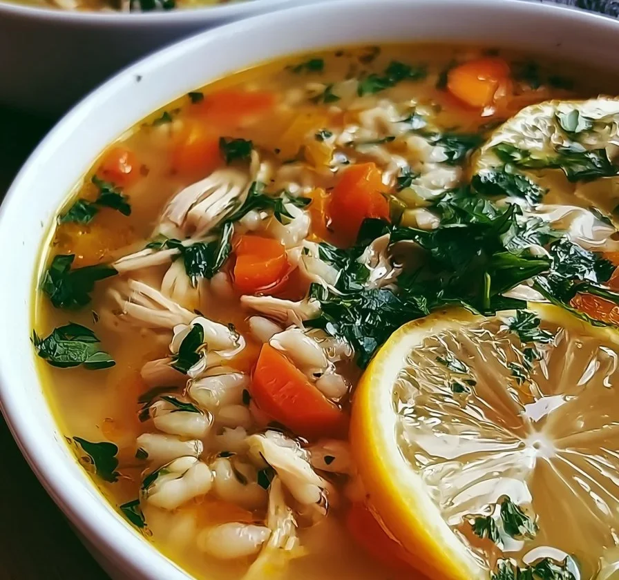 Zuppa di pollo al limone con orzo servita in una ciotola