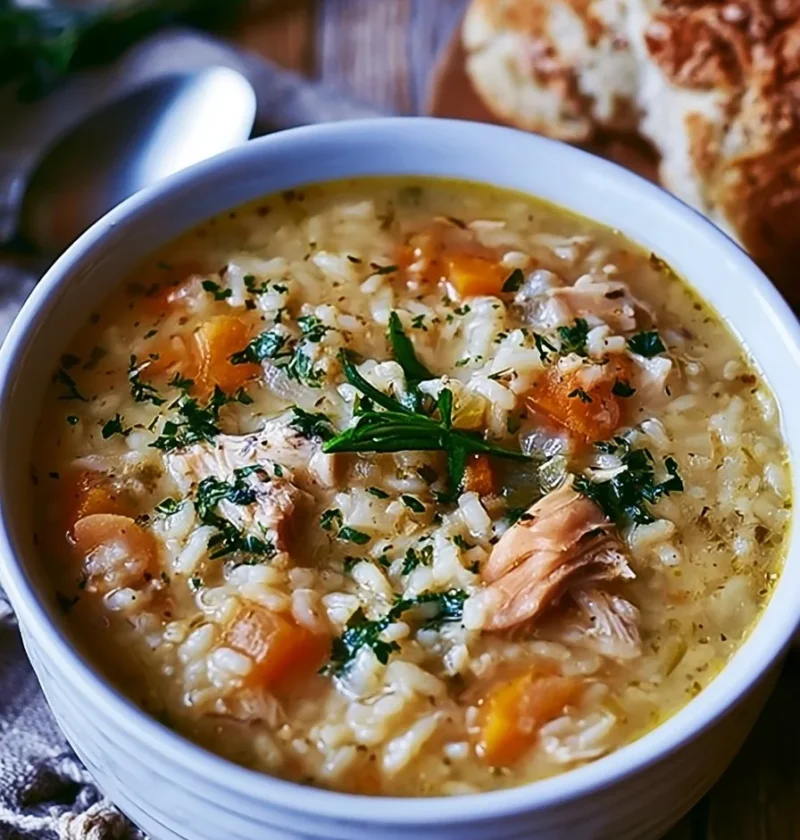 Zuppa di pollo e riso preparata in pentola lenta con verdure fresche