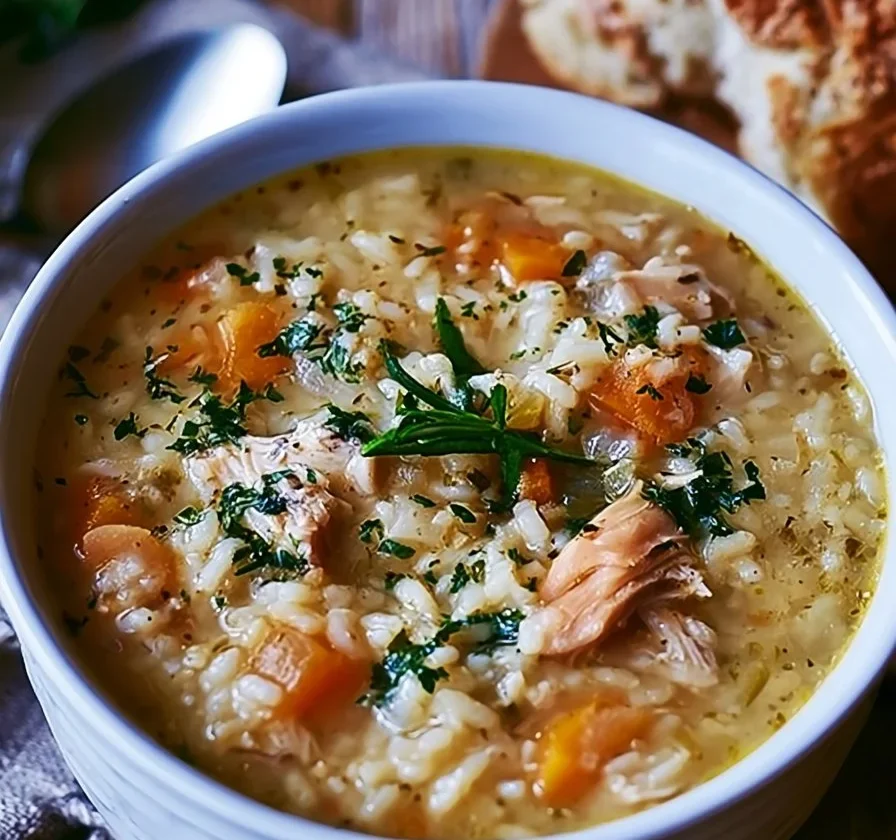 Zuppa di pollo e riso preparata in pentola lenta con verdure fresche