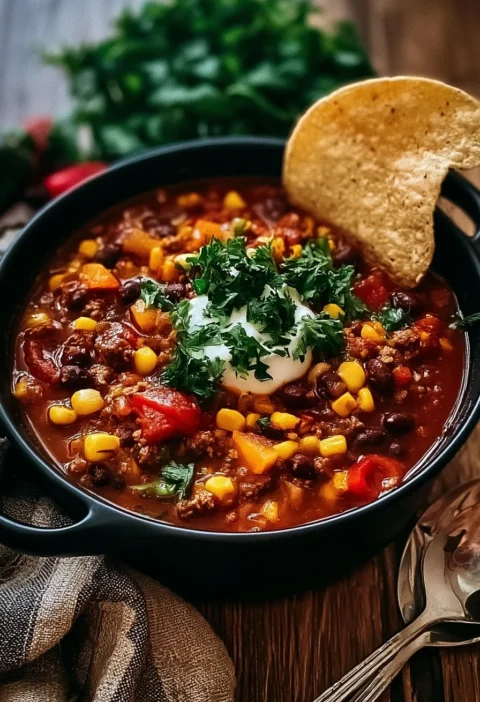 Zuppa di taco in pentola con ingredienti freschi e saporiti