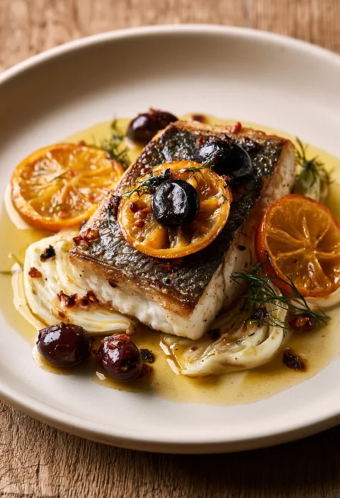 Branzino con finocchio, arancia e olive, piatto tipico della cucina italiana