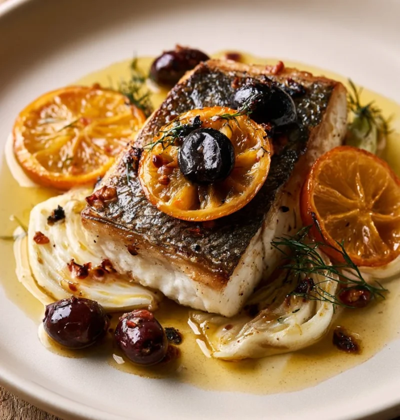 Branzino con finocchio, arancia e olive, piatto tipico della cucina italiana