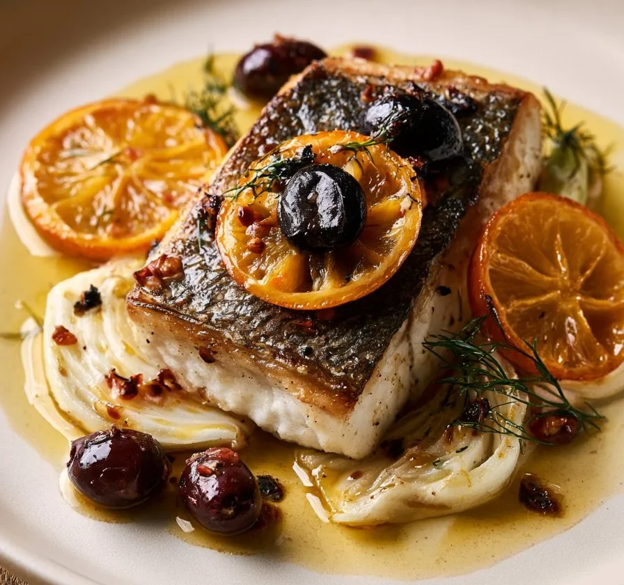 Branzino con finocchio, arancia e olive, piatto tipico della cucina italiana