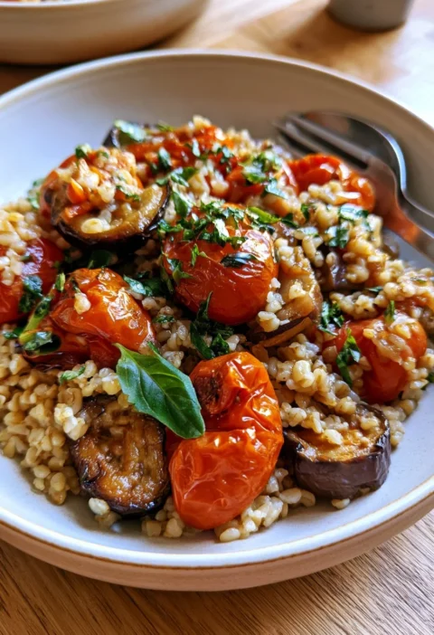 Piatto di Bulgur con Melanzane e Pomodoro Arrosto, ricetta italiana.