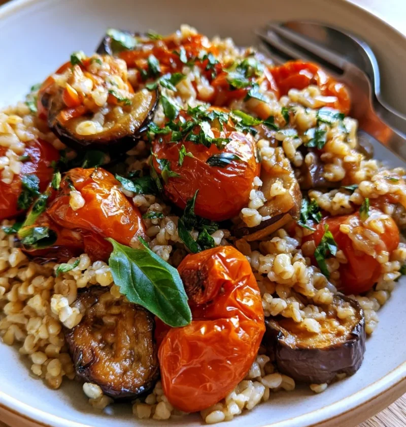 Piatto di Bulgur con Melanzane e Pomodoro Arrosto, ricetta italiana.