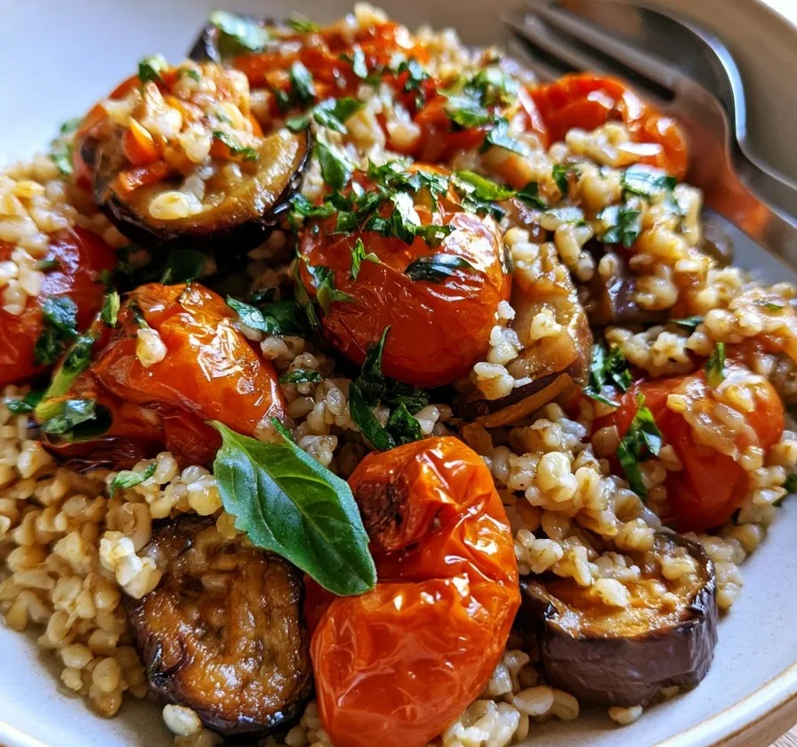 Piatto di Bulgur con Melanzane e Pomodoro Arrosto, ricetta italiana.