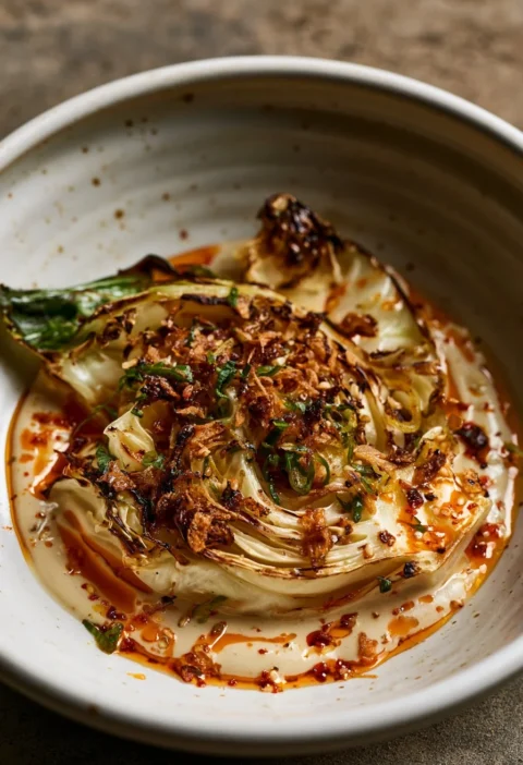 Cavolo bruciato con tahini e olio di chili, un delizioso piatto facile da preparare.