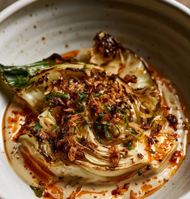 Cavolo bruciato con tahini e olio di chili, un delizioso piatto facile da preparare.