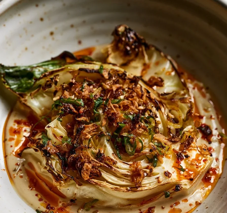 Cavolo bruciato con tahini e olio di chili, un delizioso piatto facile da preparare.