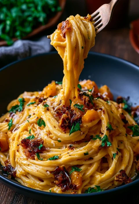 Piatto di carbonara di zucca butternut con aglio croccante