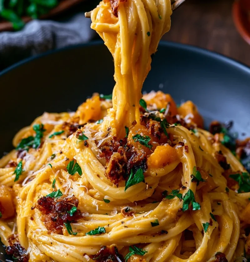 Piatto di carbonara di zucca butternut con aglio croccante