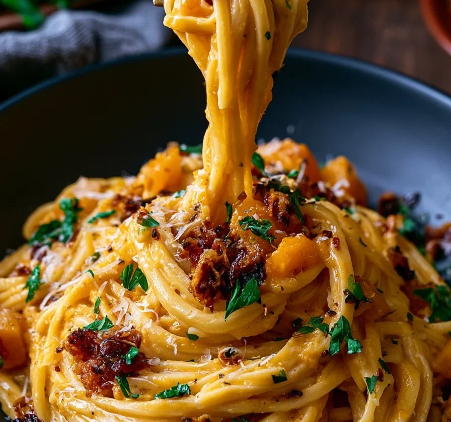 Piatto di carbonara di zucca butternut con aglio croccante
