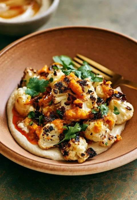 Cavolfiore arrosto con salsa Amba e Tahini su un piatto